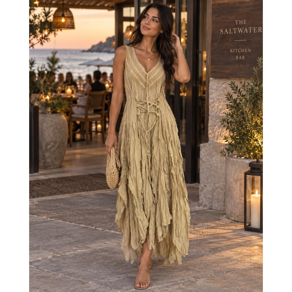 Saga Khaki Tan Crinkle Tiered Maxi Dress Lace Up Corset Boho Sleeveless Medium